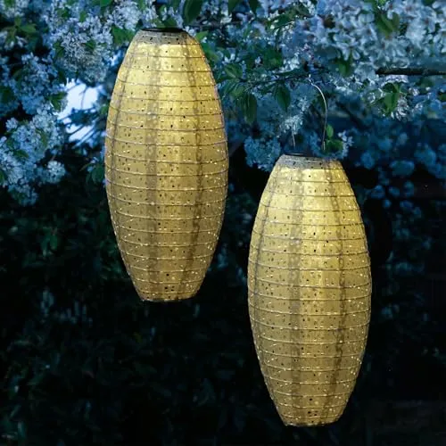 MARELIDA LED Lampion Solar Gartenlampions oval Blumenmuster beige 40cm - 2er Set - Beige LED Solar Lampions in Ovalform mit Blumenmuster, warmweißem Licht und Dämmerungssensor. Ideal für romantische Abende im Garten oder auf der Terrasse, ganz ohne Stromanschluss!
