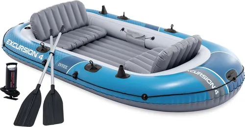 INTEX 66324NP Schlauchboot Excursion 4 Set mit Paddel und Luftpumpe - Robustes Schlauchboot für bis zu 4 Personen, ideal für entspannte Ausflüge auf Seen. Mit bequemen Sitzen, hoher Tragkraft und schneller Luftbefüllung für unbeschwerte Stunden auf dem Wasser.