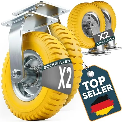 Frosal Ersatzrad 4-tlg. Set: 2 Bockrollen + 2 Lenkrollen 8" - Ersatzräder für Transportwagen, pannensichere PU-Räder mit 120 kg Tragkraft und auffälligem Gelb. Ideal für unebene Böden, Maße 114 x 110 mm.