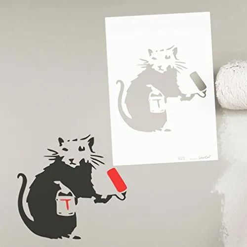 LaserCad Schablonen BANKSY Streetart (B023, Paint Roller Rat, DIN A2) Stencil für Graffiti, Airbrush, Kunst, Deko, zum Malen