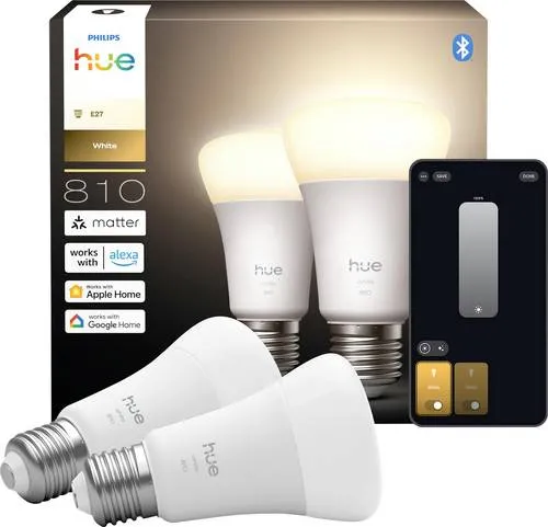 Philips Hue A60 White E27 810 lm Doppelpack – Smart-Lampen für dein Zuhause - Gestalte dein Zuhause mit warmweißem Licht! Die Philips Hue A60 E27 Lampen sind einfach per App steuerbar und ermöglichen eine individuelle Helligkeitseinstellung. Ideal für E27-Fassungen und kompatibel mit Smart-Assistenten.