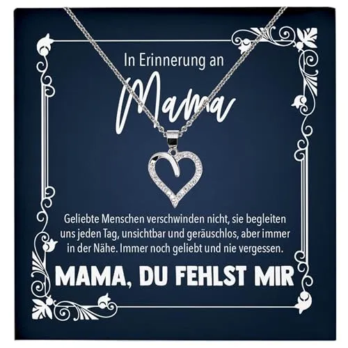 22Feels Kondolenz Geschenk, In Erinnerung an Mama, Trauer Schmuck Set Frauen, Andenken an verstorbene Mutter, Muttertag, RIP Beerdigung - Echt Silber 925 Herz Halskette mit Karte