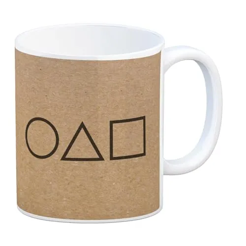 speecheese Kaffeebecher mit Serienmotiv Tintenfisch Kreis Dreieck Viereck Südkorea ein tolles Geschenk für einen Fan oder für Serienjunkies rotes Licht grünes Licht Spiel Visitenkarte