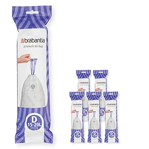 Brabantia PerfectFit Müllbeutel Multipack (Code D) - 15L/20L - Extra starke Müllsäcke mit Zugband, passend für Brabantia Mülleimer (15-20L). Reißfest, unsichtbar bei geschlossenem Deckel und 6 Rollen mit 120 Beuteln für einfachen Austausch.