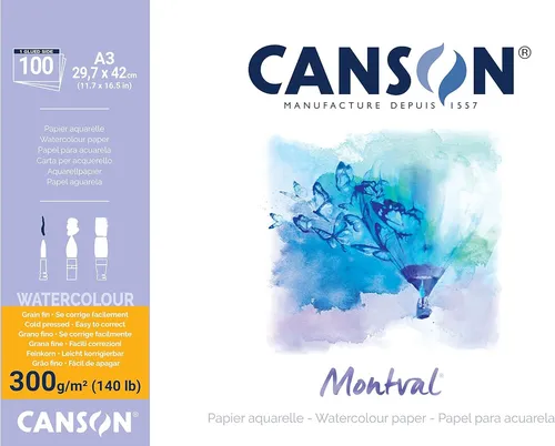 Canson Montval CP A3 300G Pad 100 SH - Hochwertiges Aquarellpapier mit 300 g/m² für kreative Kunstprojekte. Ideal für alle Nass-Techniken, bietet hervorragende Farbbrillanz und Langlebigkeit. Perfekt für präzise und detailreiche Arbeiten.