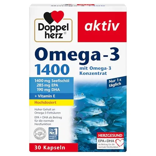 Doppelherz Omega-3 1400 mg - Hochdosiertes Omega-3-Konzentrat plus Vitamin E - Hoher Gehalt an Omega-3-Fettsäuren EPA & DHA - 30 Kapseln