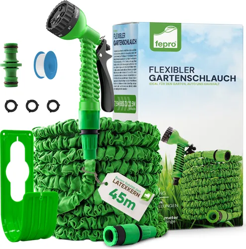 Fepro® Flexibler Gartenschlauch 45m mit 7 Funktionen - Gartenschlauch mit 3-Fach Latexkern, dehnbar bis 135m, inklusive 7 Sprühmodi für optimale Bewässerung und Adapter für verschiedene Wasserquellen.