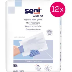 Seni Care Waschhandschuhe unfoliert, 12 x 50 Stück - Inkontinenzeinlagen: Einmal-Waschhandschuhe aus Vliesstoff für sanfte Pflege, ideal für die Anwendung mit wasserbasierten Produkten und bieten hohen Komfort für Patienten und Pflegekräfte.