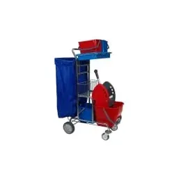 Meiko AT 102 verchromt - Hochwertiger Putzwagen - Reinigungswagen mit 4 Eimern, Kunststoffpresse und 120 L Müllsackhalter. Ideal für effiziente mobile Reinigung in Gebäuden.