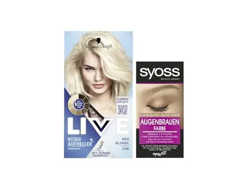 Schwarzkopf Live Aufheller Max Blonde 00B (142 ml), Blondierung ohne Gelbstich, Haare Aufhellen & Syoss Augenbrauen Kit Augenbrauenfarbe 6-1 Dunkelblond Stufe 3 (17 ml)