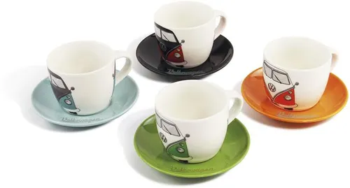 BRISA VW Collection - Volkswagen T1 Bulli Espresso-Tassen-Set - Thermobehälter: Offiziell lizenziertes 4er Set mit kultigem VW T1 Bulli Design, pflegeleicht und spülmaschinenfest, ideal für Espresso und mehr.