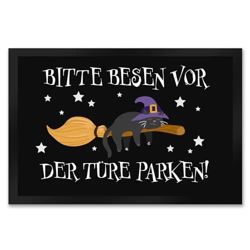 speecheese Hexen-Katze auf Besen Fußmatte XXL in 50x75 cm Bitte Besen vor der Türe parken eine gespentische Fußmatte XXL in 50x75 cm als Dekoration für Frauen zu Halloween lustig Katzen