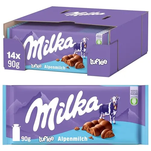 Milka Bubbly Alpenmilch-Schokoladentafel 90g - Schokoladenriegel mit zarten Luftblasen für ein einzigartiges Geschmackserlebnis. Hergestellt aus echter Alpenmilch und nachhaltig bezogenem Kakao – ideal zum Teilen oder für zwischendurch.