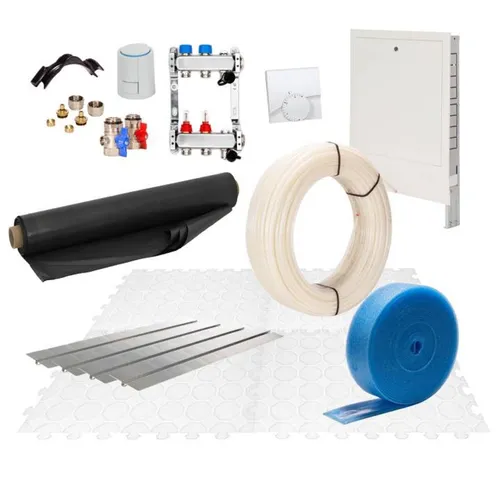 Fußbodenheizung Trockenestrichsystem 90 m² Set mit Thermostat - Optimale Wärmeverteilung für Ihr Zuhause. Das 25 mm dicke PE-RT Rohr sorgt für effiziente Nutzung und einfache Installation.