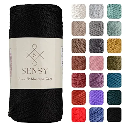 Sensy Premium 2 mm 220 Meter Polyester-Seil, 100% Polypropylen-Kordel Makramee-Kordel 2 mm Häkeltasche Kordel Makramee Seil Häkelgarn Geschenk für Strickwaren (schwarz)