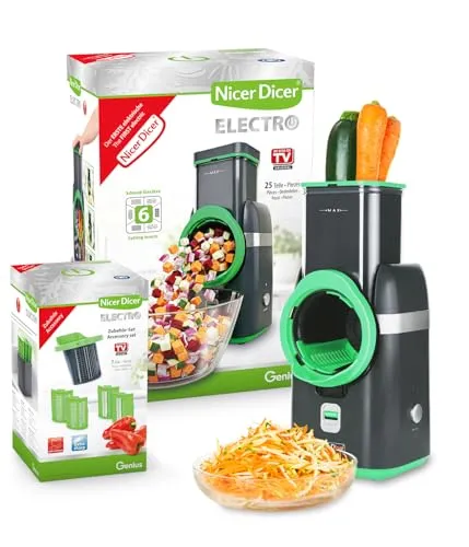 Nicer Dicer Electro Gemüsehobel elektrisch Deluxe Set 32 tlg, Gemüseschneider automatisch, Käsereibe für Gemüse, Obst, Nüsse, 9 Extrascharfe Einsätze, Einfache Reinigung, Leistungsstark