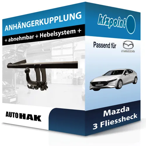 Mazda 3 Fliessheck Abnehmbare Anhängerkupplung von Auto Hak - Anhängerkupplung für Mazda 3 Fliessheck (11.2018-heute), abnehmbar, 1860 kg Anhängelast, keine Eintragung in Fahrzeugpapiere notwendig, inklusive Montagezubehör.