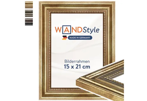 WANDStyle Bilderrahmen Gold DIN A5 - Barock-Design aus Holz - Wand- & Tischbilderrahmen im eleganten Barock-Stil, ideal für 15x21 cm Bilder. Hergestellt in Deutschland aus Massivholz und Echtglas, perfekt für Ihr Zuhause oder als Geschenk.