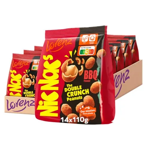 Lorenz Snack World NicNac's Barbecue, 14er Pack - Erdnüsse mit knusprigem Teigmantel, verfeinert mit würzig-süßem BBQ-Gewürz. Perfekt für den ultimativen Crunch-Snack, ideal für Partys oder als Snack für unterwegs.
