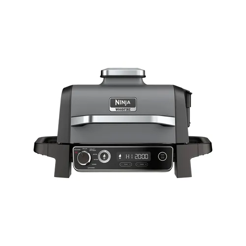 NINJA OG701DE Woodfire Outdoor Grill - Vielseitiger Elektrogrill mit 7 Kochfunktionen, perfektes BBQ, Smoken und Frittieren im Freien