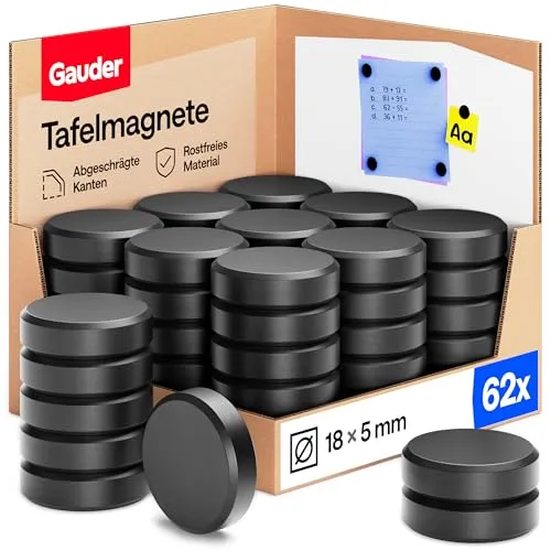 Gauder Magnete Ferrit, schwarz, Ø 18 mm, 62 Stück - Magneten für Magnettafeln und Kühlschränke, 400g Haftkraft, ideal für Notizen und Dokumente, rostfrei und langlebig.