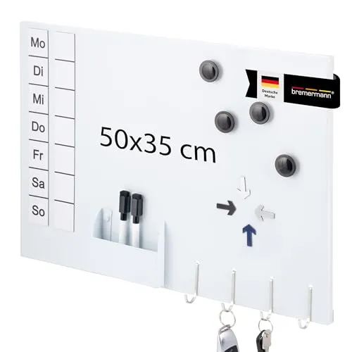 bremermann Magnettafel aus Metall, beschreibbar, viel Zubehör (weiß) - Magnettafeln – Vielseitiges Memo-Board mit beschreibbarer Oberfläche, inklusive 2 Markern, 4 Magneten und mehr. Ideal für Organisation und kreative Wandgestaltung.