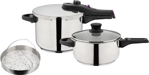 GSW Schnellkochtopf System RAPID, Edelstahl 18/8 (Set, 6-tlg) - Kochtöpfe mit 2 Garstufen für schnelles und gesundes Bio-Garen, ideal für Induktionsherde und spülmaschinengeeignet.