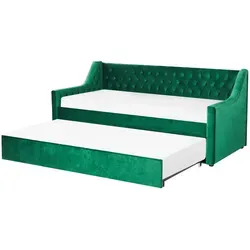 Ausziehbett Samtstoff MONTARGIS 90 x 200 cm - Smaragdgrün - Elegantes Ausziehbett im Chesterfield Look, perfekt als Einzelbett oder Gästebett. Der edle Samtbezug und die praktische Funktionalität machen es ideal für jeden Wohnraum.