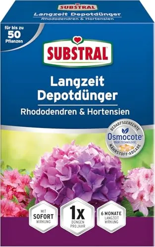 Substral Langzeit Depotdünger für Rhododendren & Hortensien, 750g - Effiziente Nährstoffversorgung für Moorbeetpflanzen - Premium-Dünger für Rhododendren und Hortensien: Mit spezieller Nährstoffformel für kräftiges Wachstum und leuchtende Blüten. Langzeitwirkung von 6 Monaten - ideal für eine üppige Blütenpracht im eigenen Garten.