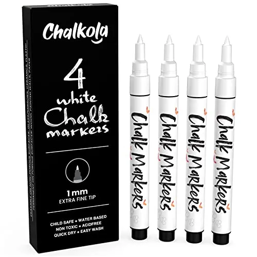 Chalkola Kreidestifte für Tafel Abwaschbar Weiß - 4 Kreidemarker Weiss 1mm extra feine Spitze - Kreidestift Weiß für Fenster, Tafel, als Glasstift- Chalk Markers für Erwachsene & Kinder