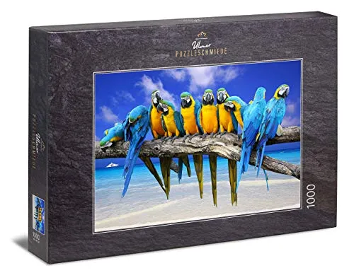 Ulmer Puzzleschmiede - Puzzle „Ausflug ans Meer“– Klassisches 1000 Teile Puzzle – Papagei-Motiv vor traumhaftem Südsee- und Karibik-Strand
