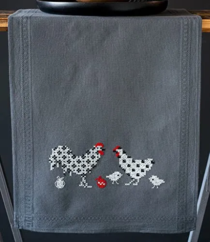 Vervaco Stickpackung Kreuzstich Set Vorgedruckt Tischläufer Hahn und Henne Stickdecken Vorgezeichnet DIY Basteln Erwachsene Kreativ Stickläufer zum Selbersticken 40 x 100 cm Stickset