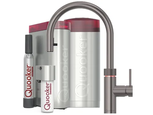 QUOOKER Flex Round Set mit CUBE Gunmetal - Kochend-Wasserhahn & Mischbatterie - Spültischarmatur mit COMBI Reservoir für warmes, kaltes und kochendes Wasser. Der einzigartige Zugauslauf sorgt für maximale Sicherheit und Benutzerkomfort in der Küche.