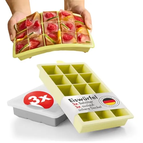 Blumtal Eiswürfelformen Silikon 3er Set - 15er Eiswürfelform mit Deckel - BPA-freie Silikon Eiswürfelform - Ice Cube Tray lebensmittelecht - Ice Tray - Grau + Grau + Gelb