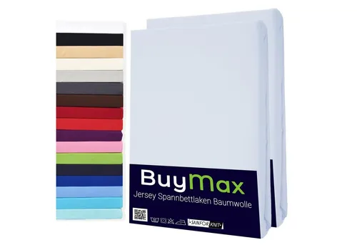 Buymax Spannbettlaken 2-er Set, Doppelpack, Bettlaken, Jersey 100% Baumwolle, Gummizug: rundum, (2 Stück), Pflegeleicht und Atmungsaktiv in Verschiedenen Farben und Größen