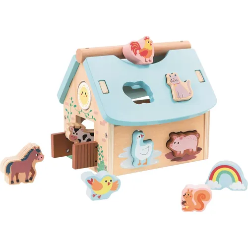 Lelin Lernspielzeug tragbares Holzhaus mit Tieren - Holzspielzeug für Kinder ab 12 Monaten, fördert spielerisch das Erkennen von Farben und Formen mit 9 Holzbausteinen und klappbarem Dach.
