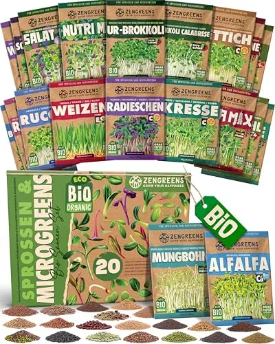 ZenGreens® 20er Set Bio Sprossensamen - Vielfalt für frische Microgreens - Entdecke die Vielfalt mit 20 verschiedenen Microgreens-Sorten. Ideal für kreative Gerichte, bietet dieses Set hochwertige Samen aus kontrolliert biologischem Anbau mit über 97% Keimrate. Perfekt für Sprossen-Liebhaber!