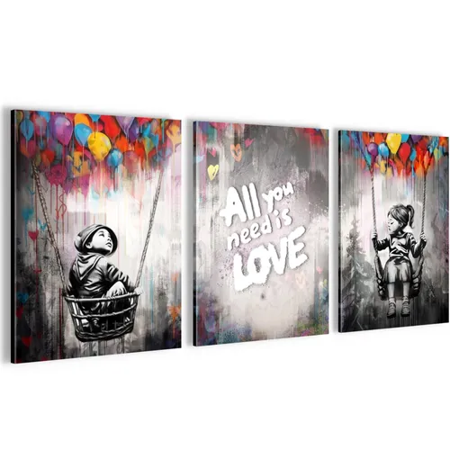 Novart Bild Wandbilder Set - Banksy Style Collage für Wohnzimmer - Kunstdrucke, 3 Bilder im Pop Art Graffiti Stil, ideal für kreative Wohnräume, made in Germany, ohne Rahmen, einfache Zackenaufhängung.