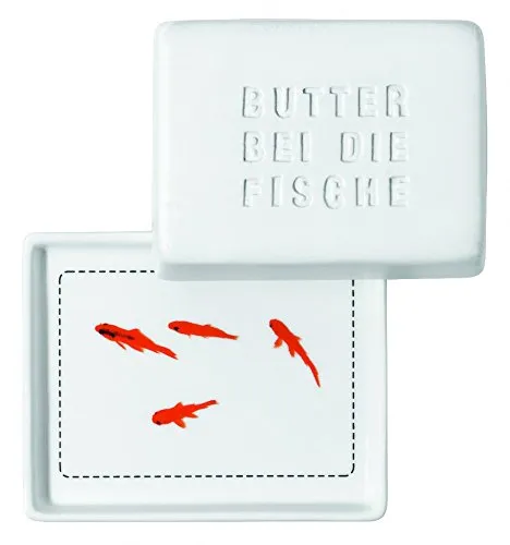 Räder Breakfast Butterdose - Butter bei die Fische, klein - Stilvolle Butterdose aus weißem Porzellan mit dem Spruch 'Butter bei die Fische'. Ein modernes Accessoire für den Frühstückstisch, das mit bunten Goldfischen überrascht.