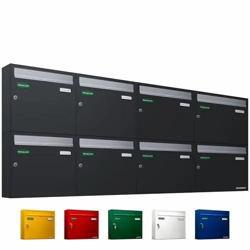 AL Briefkastensysteme Basic 8er Briefkasten - Anthrazit Grau - Wandbriefkästen für 8 Parteien, wetterfest und langlebig, inklusive 2 Namensschildern und Posthaltebügel für optimale Nutzung.