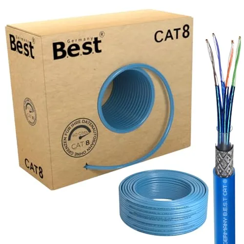 50m CAT 8 Netzwerkkabel - Hochgeschwindigkeit 40 Gbit/s - Netzwerkkabel mit doppelter Schirmung für störungsfreie Kommunikation und hohe Übertragungsgeschwindigkeit von bis zu 40 Gbit/s, ideal für strukturierte Verkabelungen.