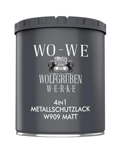 WO-WE Metallschutzlack 4in1 W909 Schwarz - 750ml - Vielseitiger 4-in-1 Metalllack für eine matte, strapazierfähige Oberfläche. Ideal für den Außenbereich, schützt er Metall vor Korrosion und Abnutzung. Einfach anzuwenden und für zahlreiche Anwendungen geeignet.
