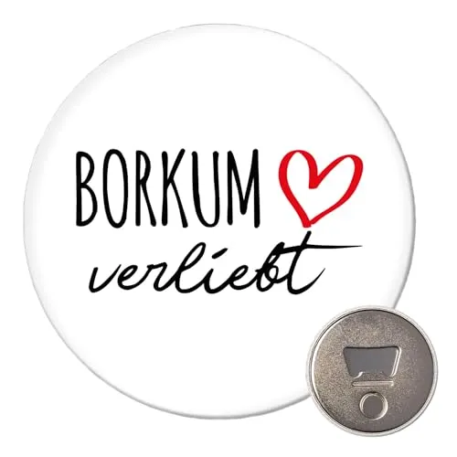 Huuraa Magnet Borkum verliebt 59mm Kühlschrankmagnet rund Flaschenöffner Geschenkidee