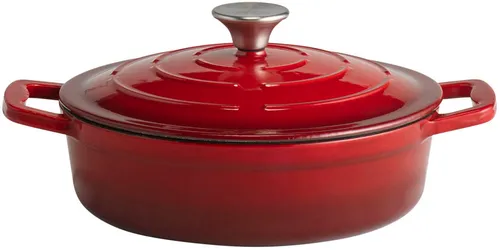5 STARS Gietijzeren Braadslede met Deksel - Ø 25 cm, 2,5 Liter - Töpfe: Deze geëmailleerde gietijzeren braadslede zorgt voor perfecte warmteverdeling en is ideaal voor oven en inductie. Inclusief handige dekselhouder voor extra gemak!