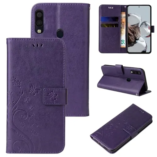 LBH Handy Hülle für Samsung Galaxy A40 Case Handytasche Schmetterling Blumen Flower Standfunktion Schutzhülle Magnet Rundum Schutz 360 Grad Flipcase Cover Violett