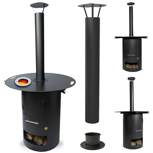 Komplettset – Multifunktionstonne mit Schornstein/Kamin 80 x 5mm #166 – A. Weyck Tools Feuerplatte mit Abstandshalter & Feuerkorb – Rauchfreier Kamin, Feuertonne & Grill – 5mm Stärke, 20cm Innenloch
