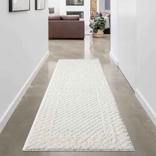 carpet city Hochflor Teppich Creme 80x300 cm - Boho Läufer mit 3D-Effekt - Teppich für Wohnzimmer und Schlafzimmer, mit kuschelig-weichem Flor und stilvollem Hochtief-Muster für eine besondere Oberflächenstruktur. Pflegeleicht und langlebig.