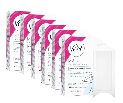 Veet Kaltwachssstreifen Vorteilsset Easy-Gelwax Technology für die Bikinizone & Achseln 6 x 16 Stück
