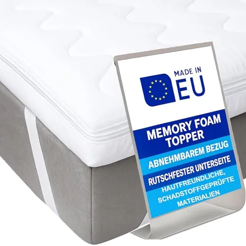 Pillows24 - Matratzentopper 90x200cm aus Memory-Schaum - 6cm hoch mit abnehmbarem Bezug - Der Matratzentopper 90x200cm bietet ergonomischen Komfort durch punktgenauen Memory-Schaum. Mit atmungsaktivem Bezug und rutschfester Unterseite ideal für erholsamen Schlaf.