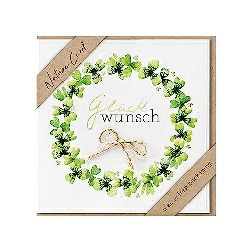 bsb - Glückwunschkarte Kleeblattkranz - Nature Card - Nachhaltige Karten zum Geburtstag - Glückwunschkarten mit Umschlag - Geburtstagskarte Frauen & Männer - Glückwunschkarte 15,5 x 15,5 cm